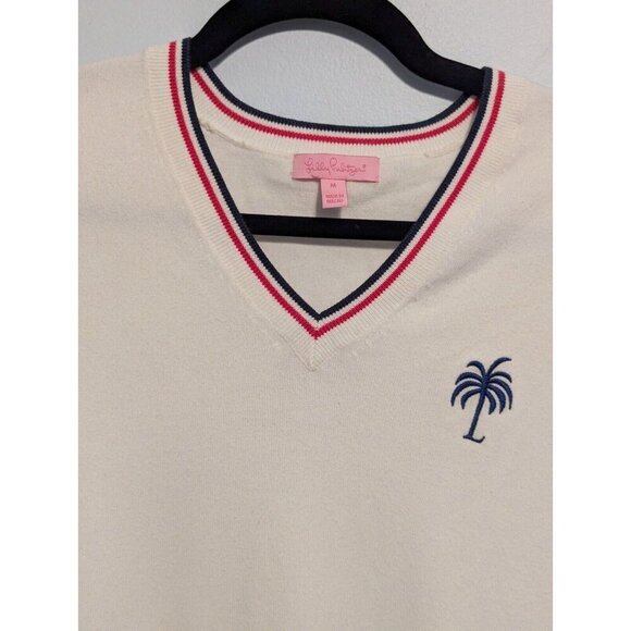 Lilly Pulitzer Long Sleeve Shirt Size M White Stretch Vintage V Neck Logo - Picture 15 of 15